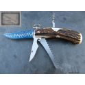 Chasseur Mongin,manche 14 cm en bois de cerf,culot en phacochére, lame damas bleu océan