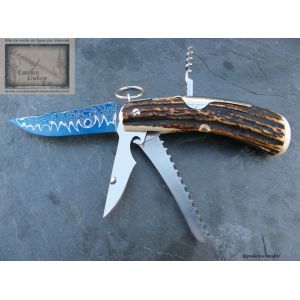 Chasseur Mongin,manche 14 cm en bois de cerf,culot en phacoch&eacute;re, lame damas bleu oc&eacute;an