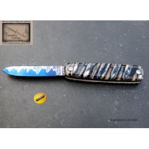 piece unique Mongin canif 10 cm en molaire et lame damas bleu de mammouth